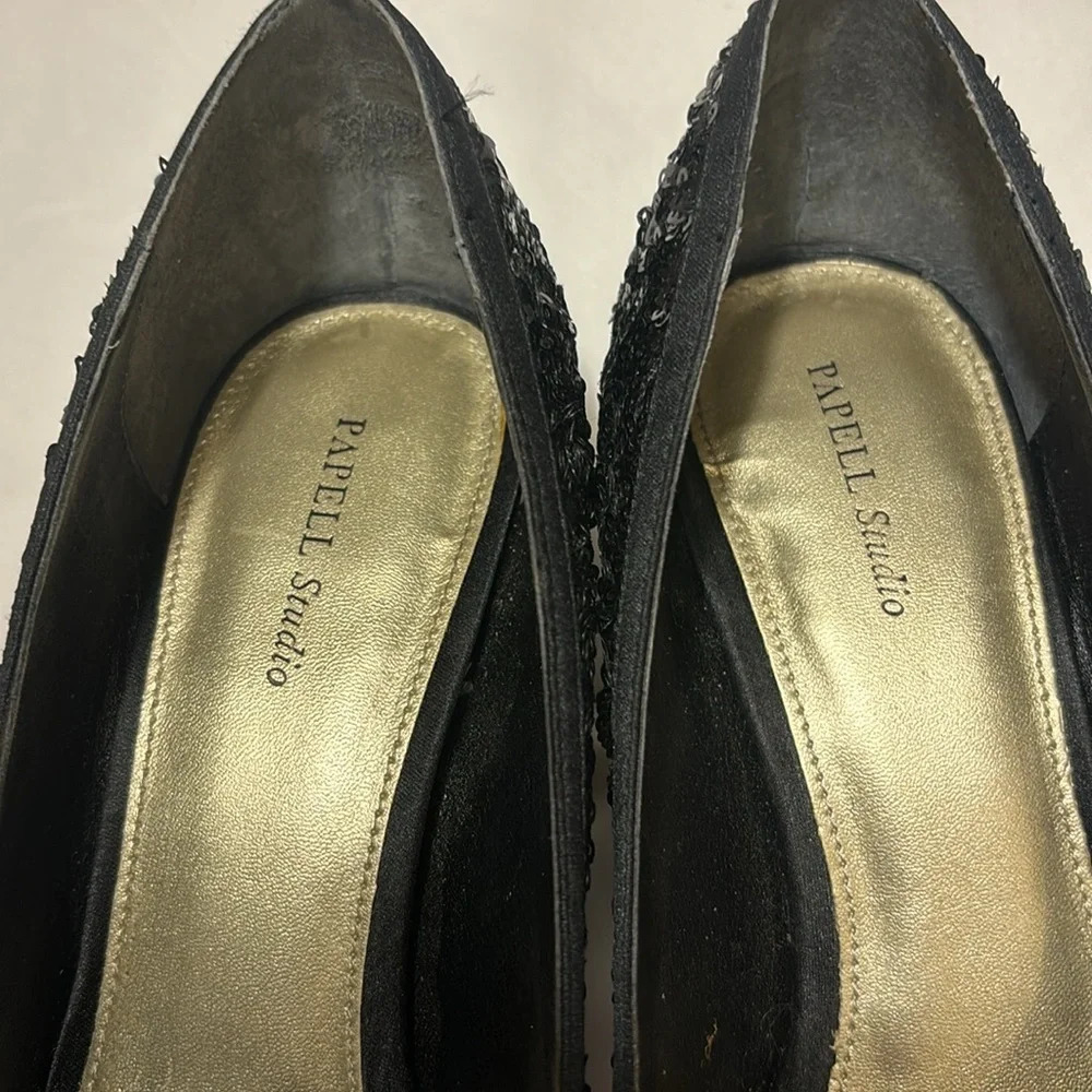Papell Studio Peep Toe Heels Size 8 Mesh Satin Sequin 3 Inch Heels Black - Picture 5 of 9